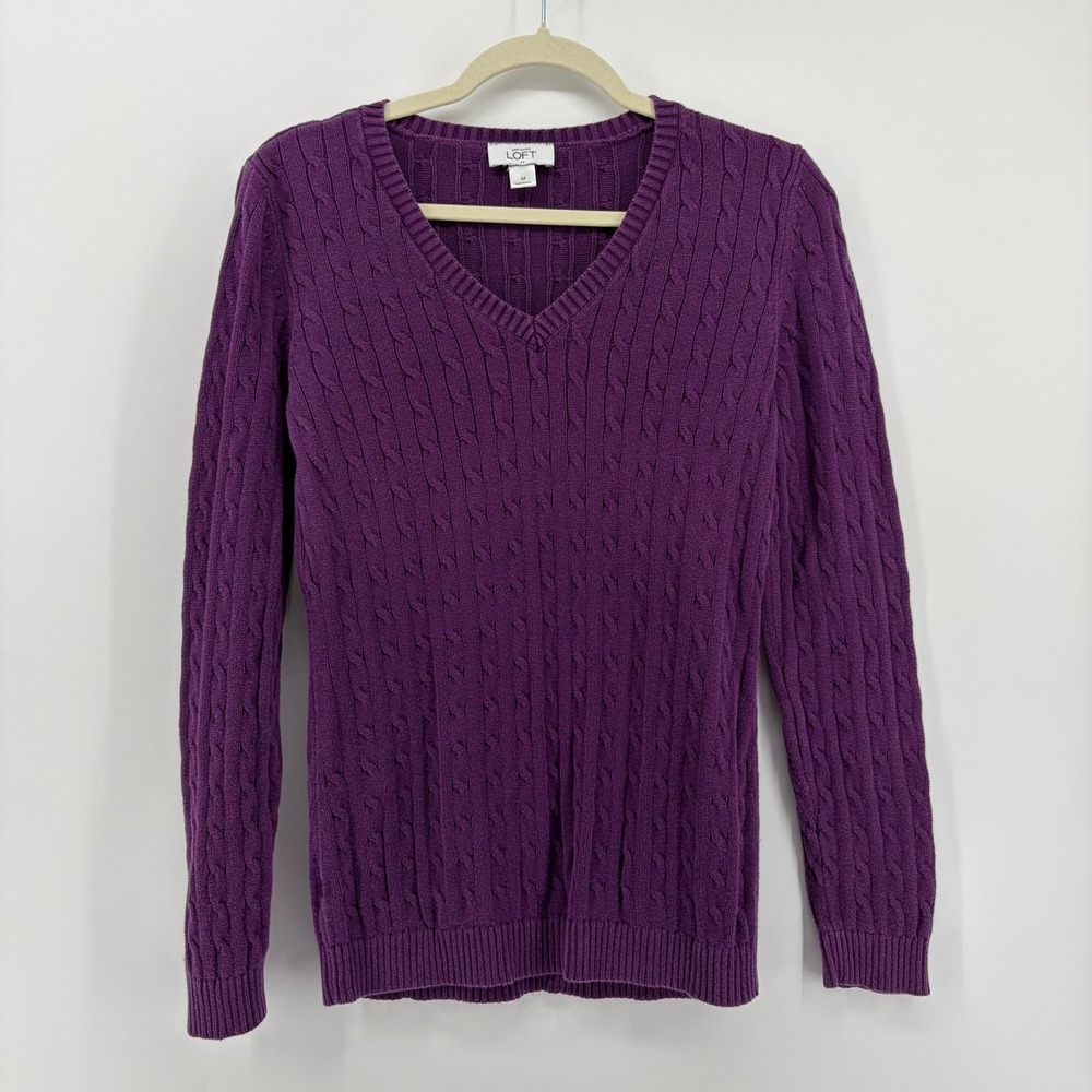 Ann Taylor‎ LOFT Purple Cable Knit V Neck Long Sleeve Cotton Sweater Women M